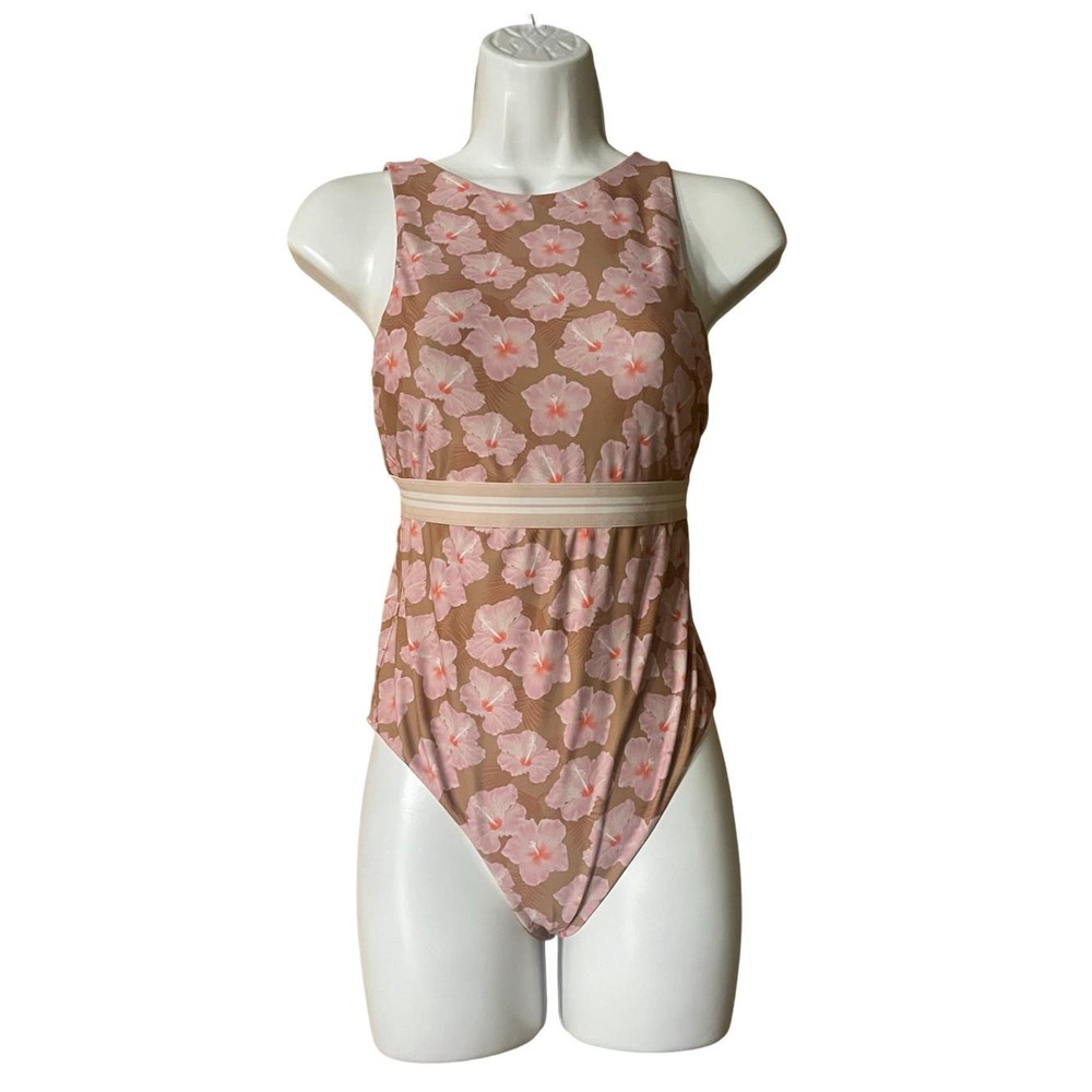 Acacia Swimwear France Elastic Full One Piece Floral Pink and Brown Size Medium